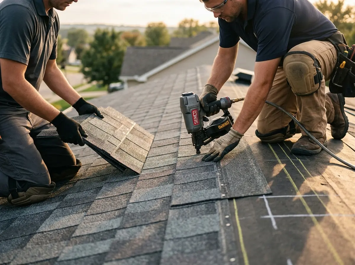 Professional roofer working on a residential roof in Lakeland Village